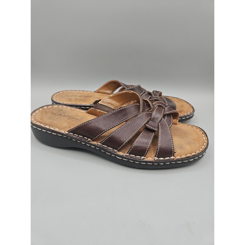 Natural Soul by Naturalizer Womens Brown Leather Slip On Sandal Chatman Size 8.5